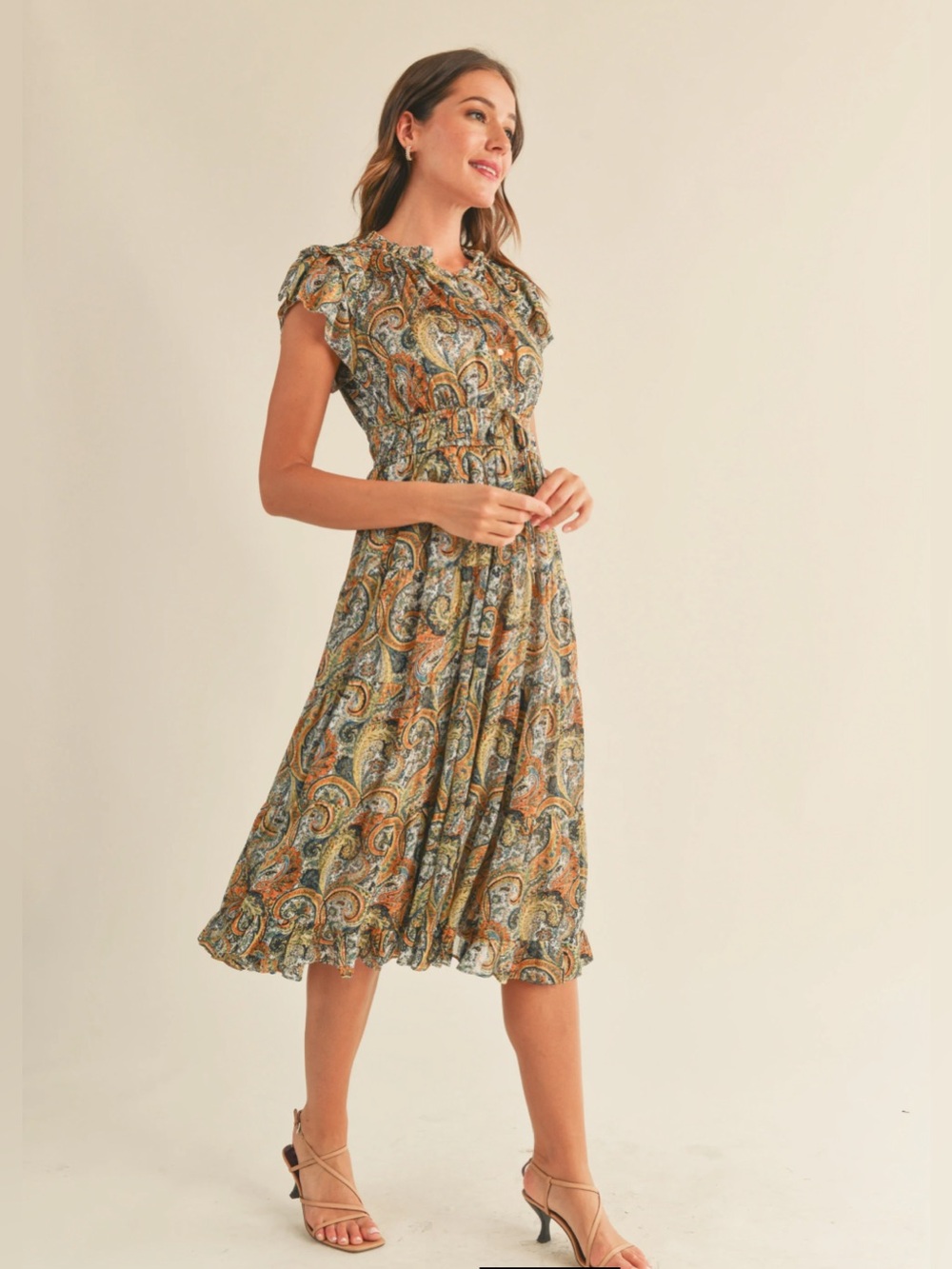 Paisley Ruffle-Trim Maxi Dress